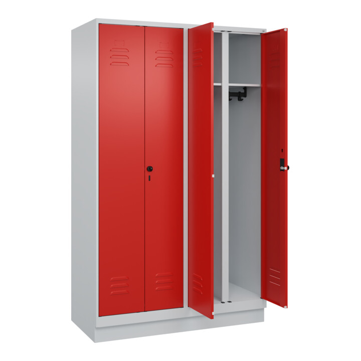 C+P Schwarz-Weiß-Spind Classic PLUS, Sockel, 4 Abteile, 1950x1200x500mm, 7035/30 Front RAL 3020 Verkehrsrot Verschluss Sicherheits-Drehriegel