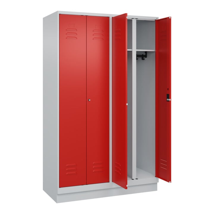 C+P Schwarz-Weiß-Spind Classic PLUS, Sockel, 4 Abteile, 1950x1200x500mm, 7035/30 Front RAL 3020 Verkehrsrot Verschluss Zylinderschloss