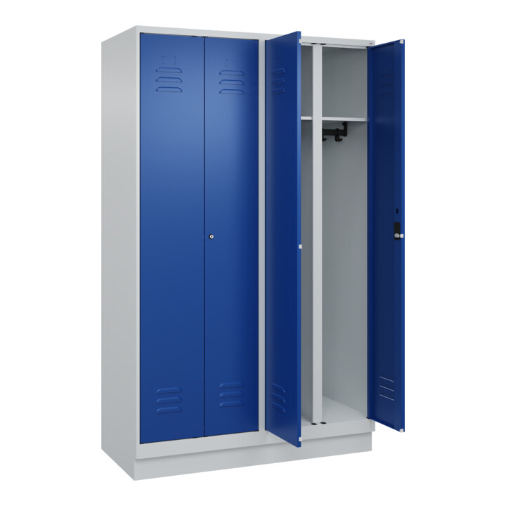 C+P Schwarz-Weiß-Spind Classic PLUS, Sockel, 4 Abteile, 1950x1200x500mm, 7035/50 Front RAL 5010 Enzianblau Verschluss Zylinderschloss
