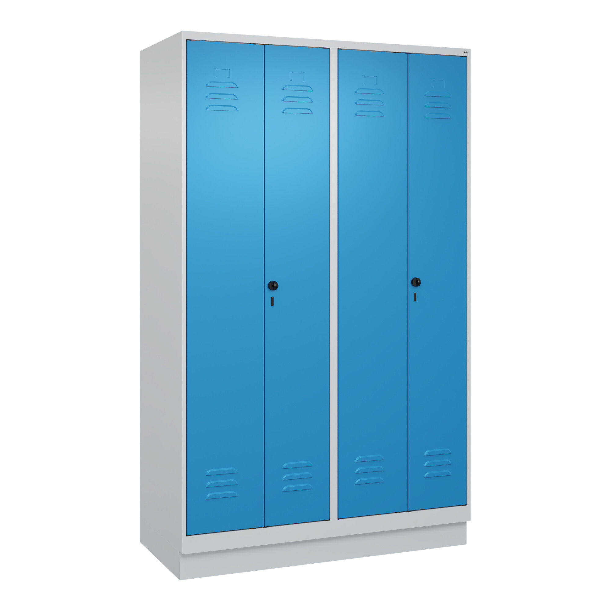 C+P Schwarz-Weiß-Spind Classic PLUS, Sockel, 4 Abteile, 1950x1200x500mm, 7035/50 Front RAL 5012 Lichtblau Verschluss Sicherheits-Drehriegel ; C + P Mö