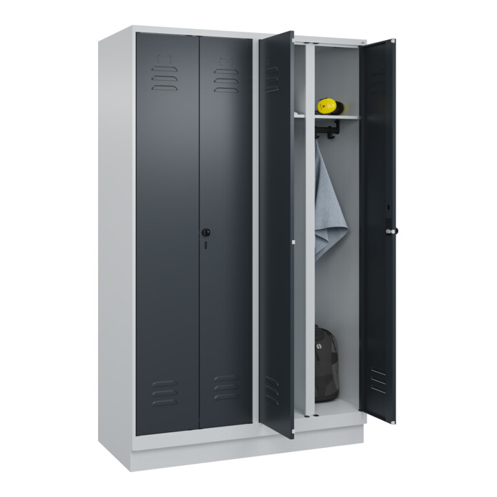 C+P Schwarz-Weiß-Spind Classic PLUS, Sockel, 4 Abteile, 1950x1200x500mm, 7035/70 Front RAL 7016 Anthrazitgrau Verschluss Sicherheits-Drehriegel
