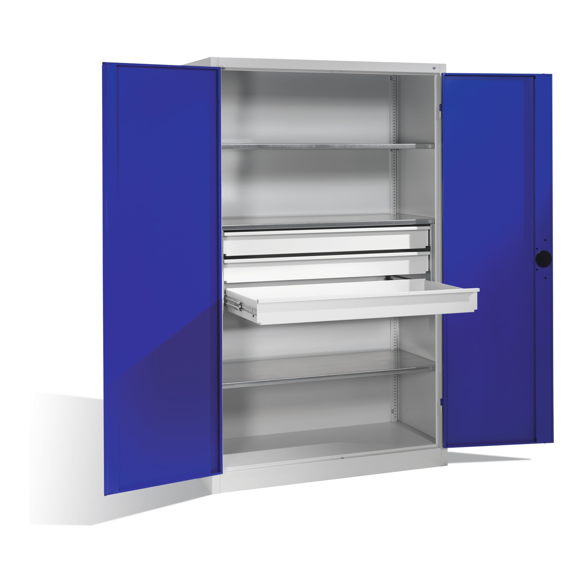 C+P Schwerlastschrank mit Drehtüren, 3 Böden und 3 Schübe, H1950xB1200xT500mm Front Enzianblau Korpus Lichtgrau ; C + P Möbelsysteme