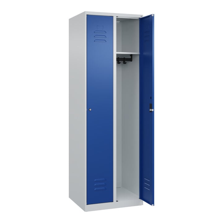 C+P Spind Classic PLUS, 2 Abteile, 1850x600x500mm, 7035/5010 Verschluss Zylinderschloss 3 Garderobenhaken