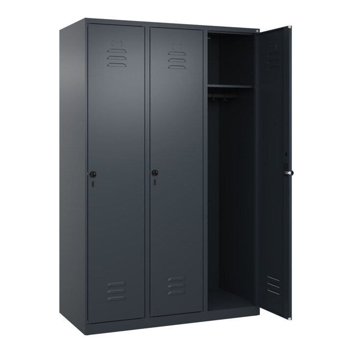C+P Spind Classic PLUS, 3 Abteile, 1850x1200x500mm, 7016/7016 Verschluss Sicherheits-Drehriegel 4 Garderobenhaken