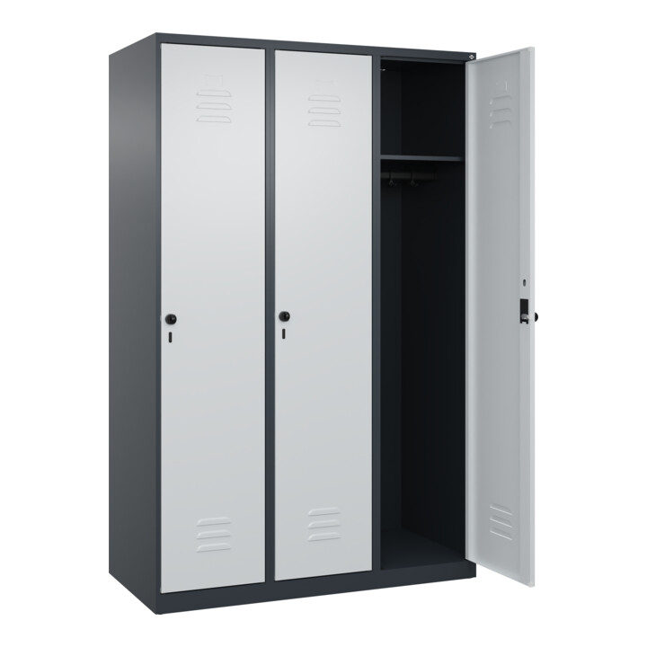 C+P Spind Classic PLUS, 3 Abteile, 1850x1200x500mm, 7016/7035 Verschluss Sicherheits-Drehriegel 4 Garderobenhaken