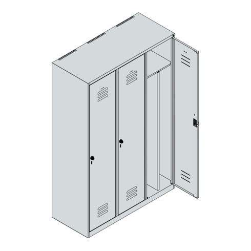 C+P Spind Classic PLUS, 3 Abteile, 1850x1200x500mm, 7016/7035 Verschluss Zylinderschloss 4 Garderobenhaken Trennwand mittig