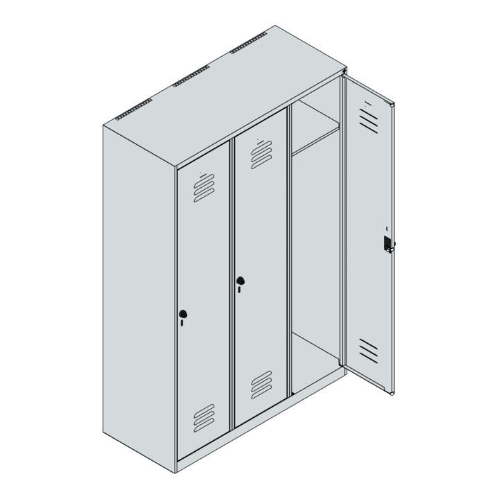 C+P Spind Classic PLUS, 3 Abteile, 1850x1200x500mm, 7035/3003 Verschluss Sicherheits-Drehriegel 4 Garderobenhaken