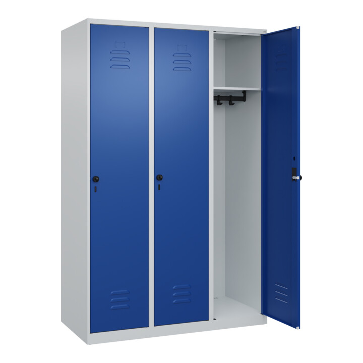 C+P Spind Classic PLUS, 3 Abteile, 1850x1200x500mm, 7035/5010 Verschluss Sicherheits-Drehriegel 4 Garderobenhaken