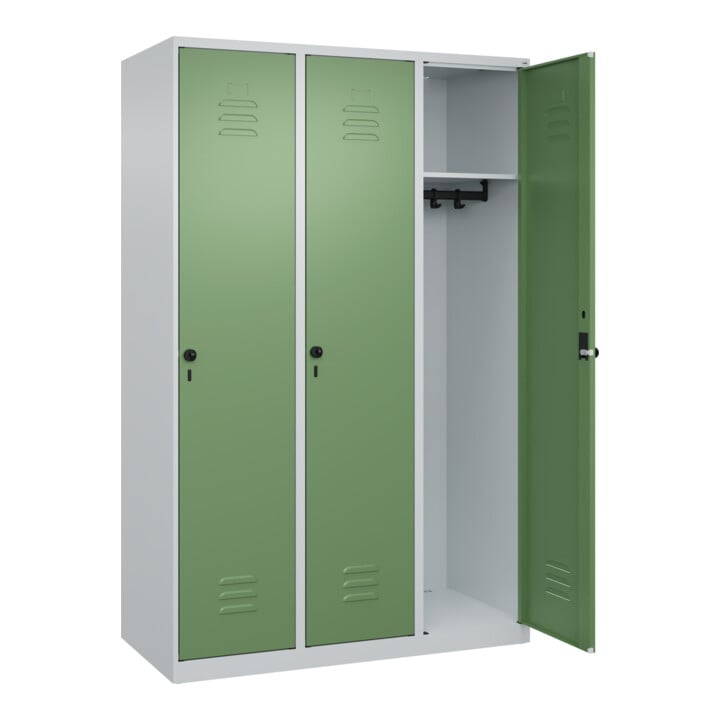 C+P Spind Classic PLUS, 3 Abteile, 1850x1200x500mm, 7035/6011 Verschluss Sicherheits-Drehriegel 4 Garderobenhaken
