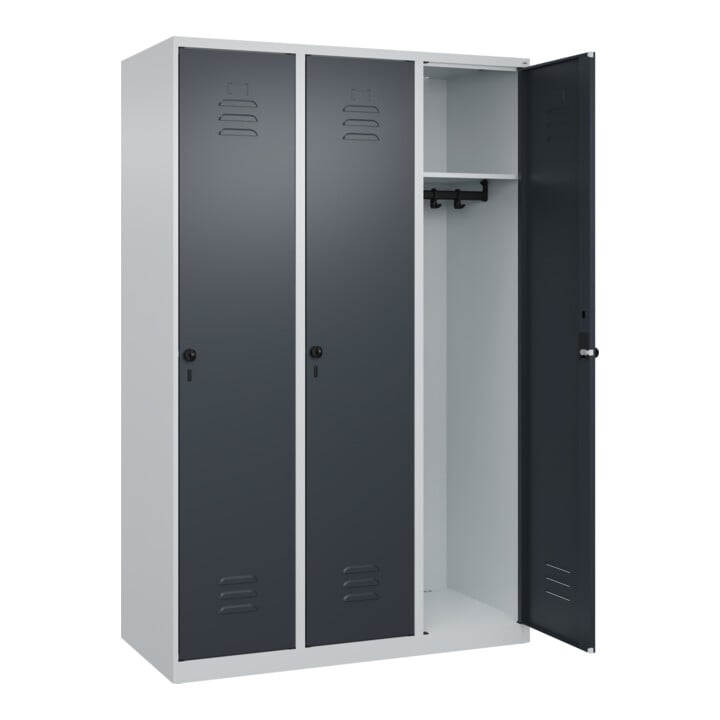 C+P Spind Classic PLUS, 3 Abteile, 1850x1200x500mm, 7035/7016 Verschluss Sicherheits-Drehriegel 4 Garderobenhaken