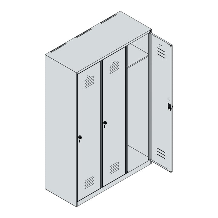 C+P Spind Classic PLUS, 3 Abteile, 1850x1200x500mm, 9016/9016 Verschluss Sicherheits-Drehriegel 4 Garderobenhaken