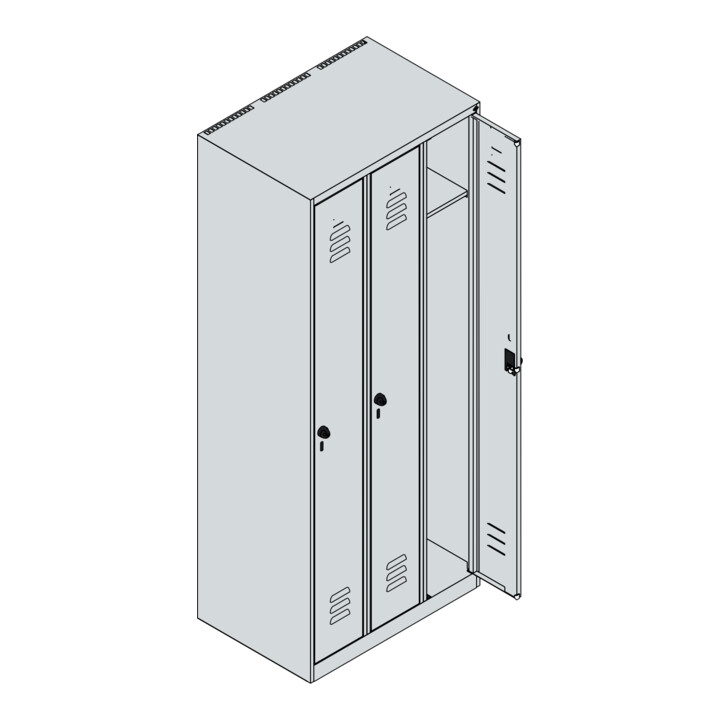 C+P Spind Classic PLUS, 3 Abteile, 1850x750x500mm, 7035/3003 Verschluss Sicherheits-Drehriegel 3 Garderobenhaken