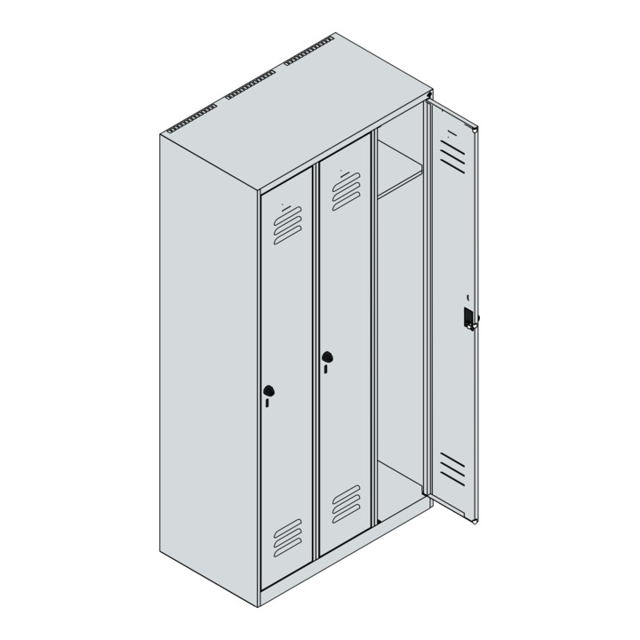 C+P Spind Classic PLUS, 3 Abteile, 1850x900x500mm, 7035/3003 Verschluss Sicherheits-Drehriegel 3 Garderobenhaken