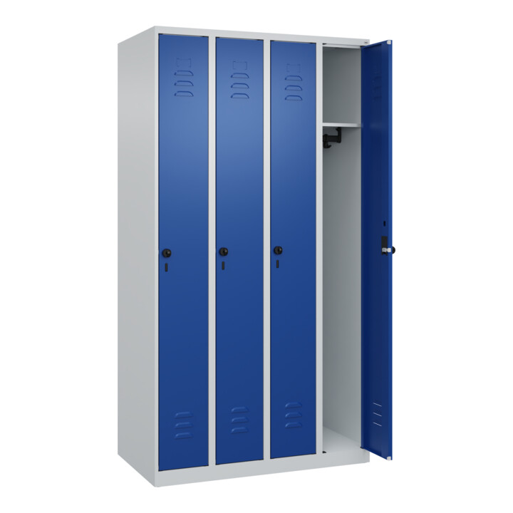 C+P Spind Classic PLUS, 4 Abteile, 1850x1000x500mm, 7035/5010 Verschluss Sicherheits-Drehriegel 3 Garderobenhaken