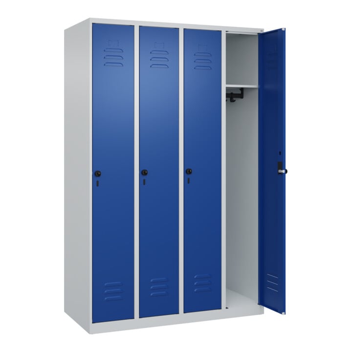 C+P Spind Classic PLUS, 4 Abteile, 1850x1200x500mm, 7035/5010 Verschluss Sicherheits-Drehriegel 3 Garderobenhaken