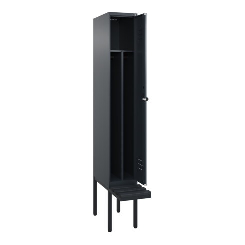 C+P Spind Classic PLUS, Bank, 1 Abteil, 2120x300x815mm, 7016/7016 Verschluss Sicherheits-Drehriegel 4 Garderobenhaken Trennwand mittig Dekor Banklatten RAL 7021 Schwarzgrau Sitzbanktyp auskragend