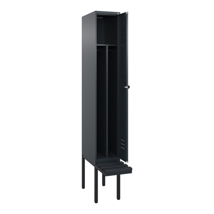 C+P Spind Classic PLUS, Bank, 1 Abteil, 2120x300x815mm, 7016/7016 Verschluss Sicherheits-Drehriegel 4 Garderobenhaken Trennwand mittig Dekor Banklatten RAL 7021 Schwarzgrau Sitzbanktyp auskragend