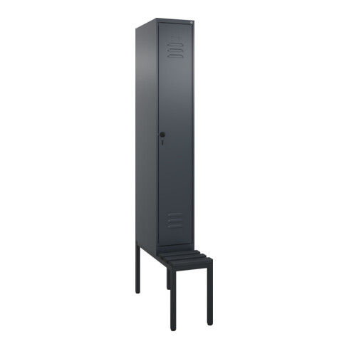 C+P Spind Classic PLUS, Bank, 1 Abteil, 2120x300x815mm, 7016/7016 Verschluss Sicherheits-Drehriegel 4 Garderobenhaken Trennwand mittig Dekor Banklatten RAL 7021 Schwarzgrau Sitzbanktyp untergebaut