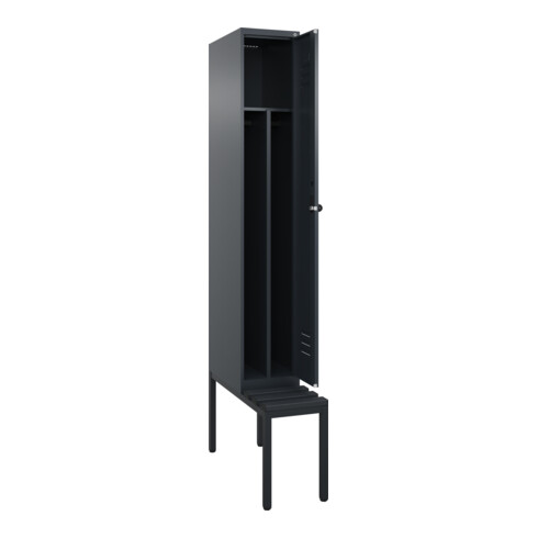 C+P Spind Classic PLUS, Bank, 1 Abteil, 2120x300x815mm, 7016/7016 Verschluss Sicherheits-Drehriegel 4 Garderobenhaken Trennwand mittig Dekor Banklatten RAL 7021 Schwarzgrau Sitzbanktyp untergebaut