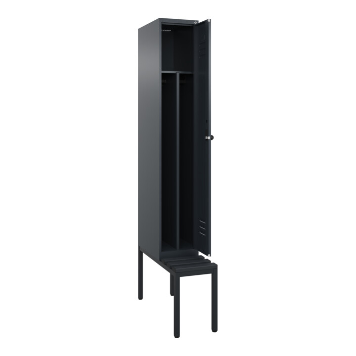 C+P Spind Classic PLUS, Bank, 1 Abteil, 2120x300x815mm, 7016/7016 Verschluss Sicherheits-Drehriegel 4 Garderobenhaken Trennwand mittig Dekor Banklatten RAL 7021 Schwarzgrau Sitzbanktyp untergebaut