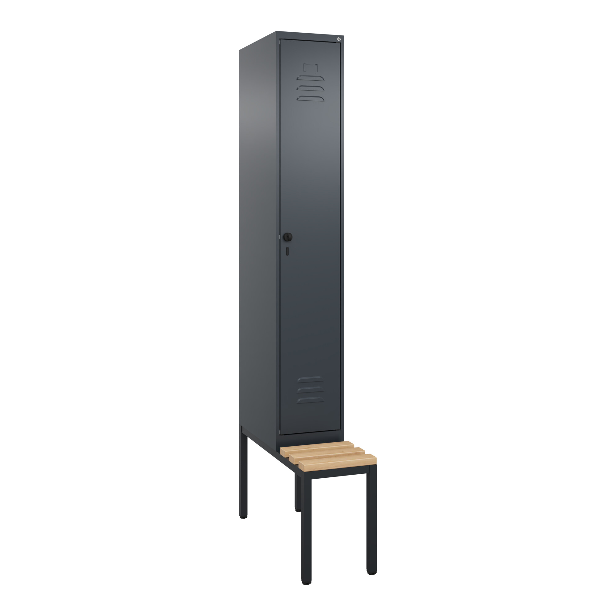 C+P Spind Classic PLUS, Bank, 1 Abteil, 2120x300x815mm, 7016/7016 Verschluss Sicherheits-Drehriegel 4 Garderobenhaken Trennwand mittig Sitzbanktyp un