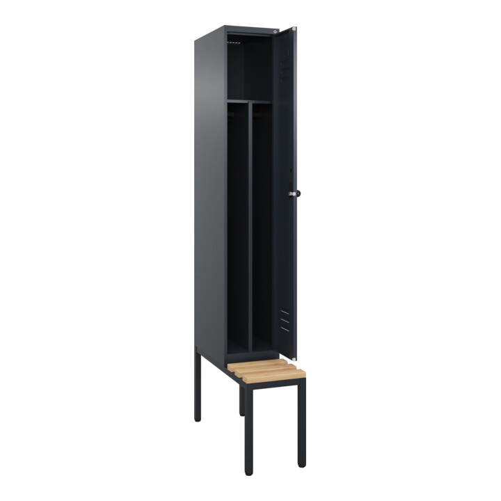 C+P Spind Classic PLUS, Bank, 1 Abteil, 2120x300x815mm, 7016/7016 Verschluss Sicherheits-Drehriegel 4 Garderobenhaken Trennwand mittig  Sitzbanktyp untergebaut