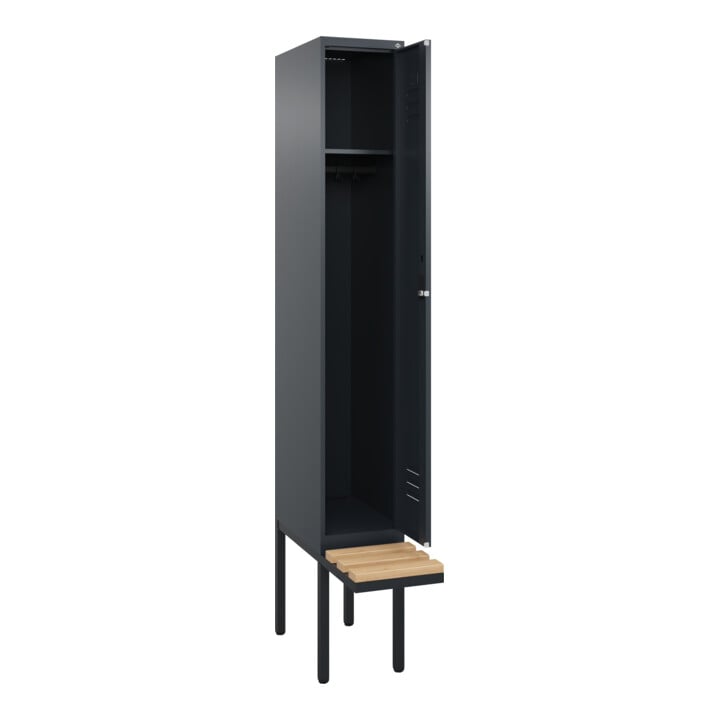 C+P Spind Classic PLUS, Bank, 1 Abteil, 2120x300x815mm, 7016/7016 Verschluss Zylinderschloss 3 Garderobenhaken   Sitzbanktyp auskragend