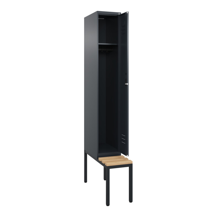C+P Spind Classic PLUS, Bank, 1 Abteil, 2120x300x815mm, 7016/7016 Verschluss Zylinderschloss 3 Garderobenhaken   Sitzbanktyp untergebaut