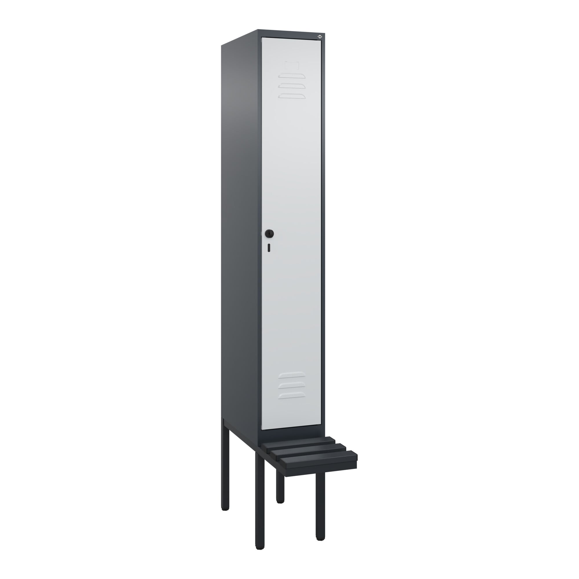 C+P Spind Classic PLUS, Bank, 1 Abteil, 2120x300x815mm, 7016/7035 Verschluss Sicherheits-Drehriegel 3 Garderobenhaken Dekor Banklatten RAL 7021 Schwa