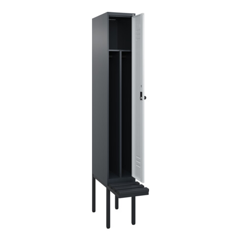 C+P Spind Classic PLUS, Bank, 1 Abteil, 2120x300x815mm, 7016/7035 Verschluss Sicherheits-Drehriegel 4 Garderobenhaken Trennwand mittig Dekor Banklatten RAL 7021 Schwarzgrau Sitzbanktyp auskragend