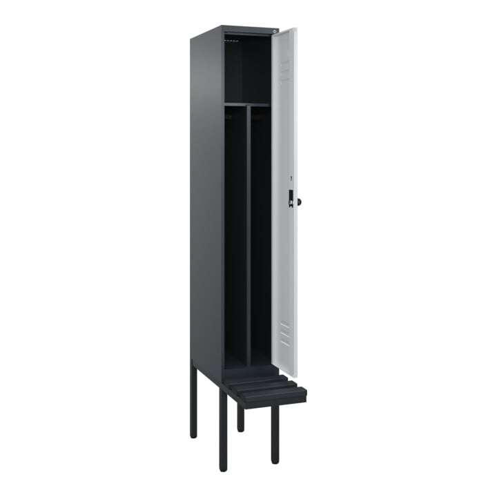 C+P Spind Classic PLUS, Bank, 1 Abteil, 2120x300x815mm, 7016/7035 Verschluss Sicherheits-Drehriegel 4 Garderobenhaken Trennwand mittig Dekor Banklatten RAL 7021 Schwarzgrau Sitzbanktyp auskragend