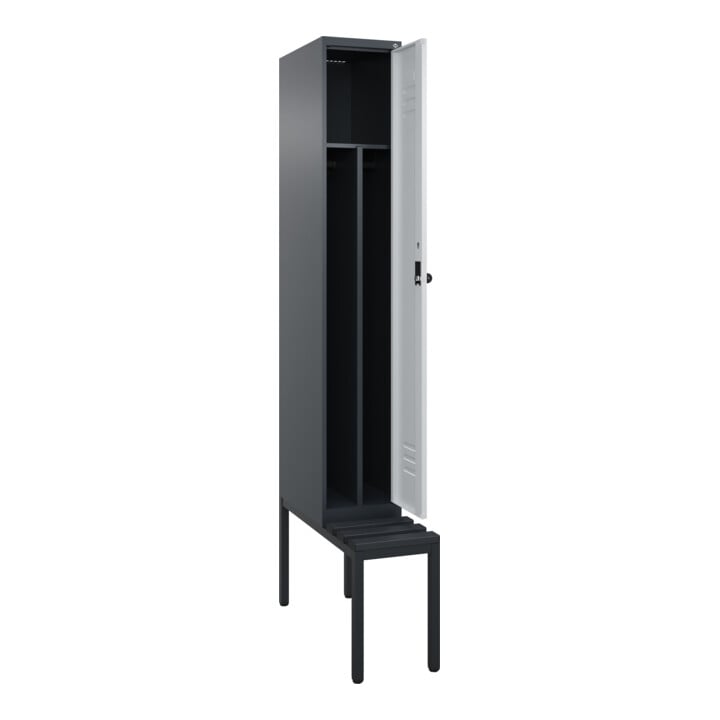 C+P Spind Classic PLUS, Bank, 1 Abteil, 2120x300x815mm, 7016/7035 Verschluss Sicherheits-Drehriegel 4 Garderobenhaken Trennwand mittig Dekor Banklatten RAL 7021 Schwarzgrau Sitzbanktyp untergebaut