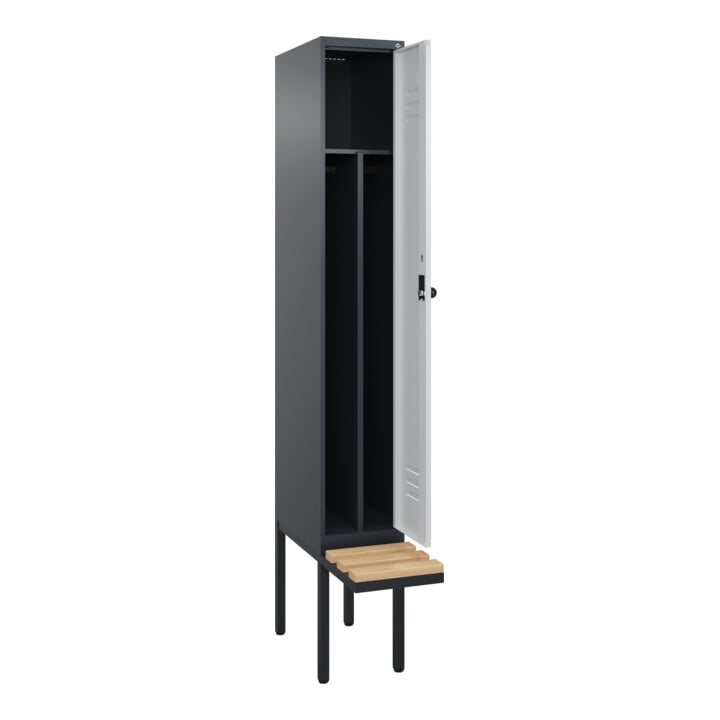 C+P Spind Classic PLUS, Bank, 1 Abteil, 2120x300x815mm, 7016/7035 Verschluss Sicherheits-Drehriegel 4 Garderobenhaken Trennwand mittig  Sitzbanktyp auskragend
