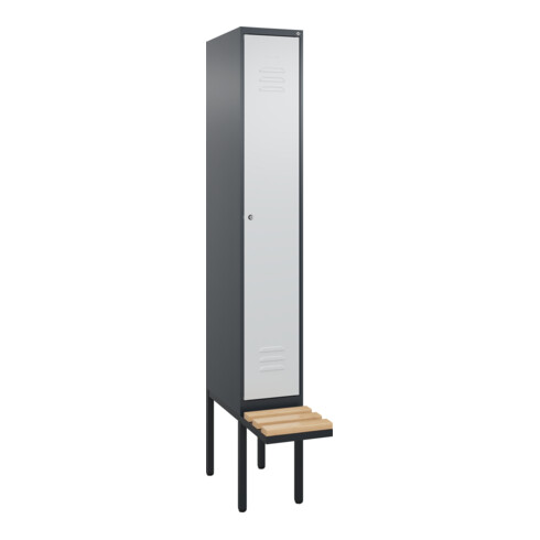 C+P Spind Classic PLUS, Bank, 1 Abteil, 2120x300x815mm, 7016/7035 Verschluss Zylinderschloss 3 Garderobenhaken   Sitzbanktyp auskragend