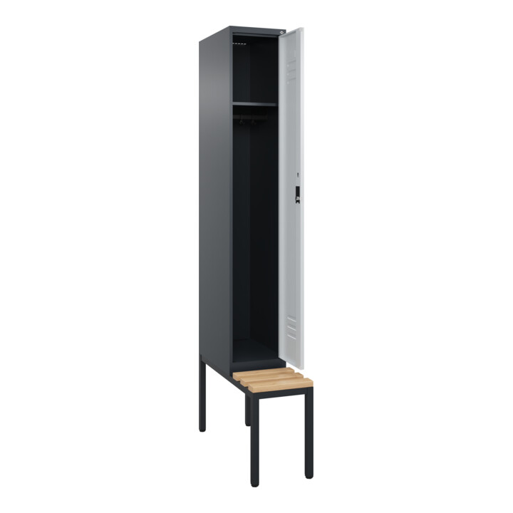 C+P Spind Classic PLUS, Bank, 1 Abteil, 2120x300x815mm, 7016/7035 Verschluss Zylinderschloss 3 Garderobenhaken   Sitzbanktyp untergebaut