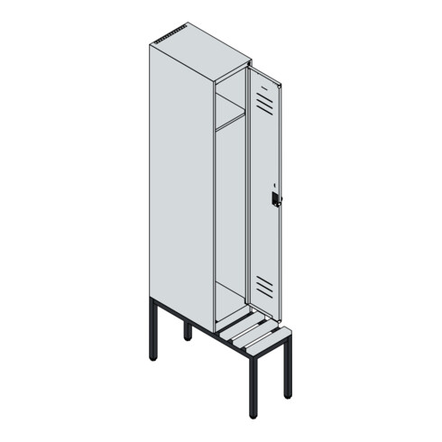 C+P Spind Classic PLUS, Bank, 1 Abteil, 2120x300x815mm, 7035/0024 Verschluss Sicherheits-Drehriegel 3 Garderobenhaken Dekor Banklatten RAL 7035 Lichtgrau Sitzbanktyp untergebaut