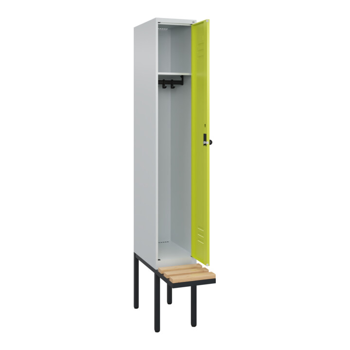 C+P Spind Classic PLUS, Bank, 1 Abteil, 2120x300x815mm, 7035/0024 Verschluss Sicherheits-Drehriegel 3 Garderobenhaken   Sitzbanktyp auskragend