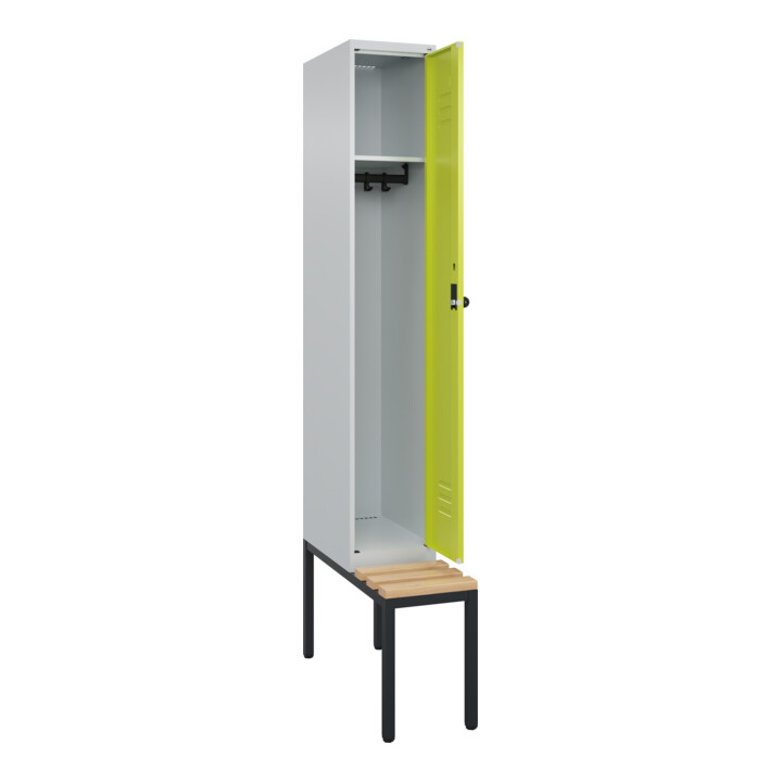 C+P Spind Classic PLUS, Bank, 1 Abteil, 2120x300x815mm, 7035/0024 Verschluss Sicherheits-Drehriegel 3 Garderobenhaken   Sitzbanktyp untergebaut