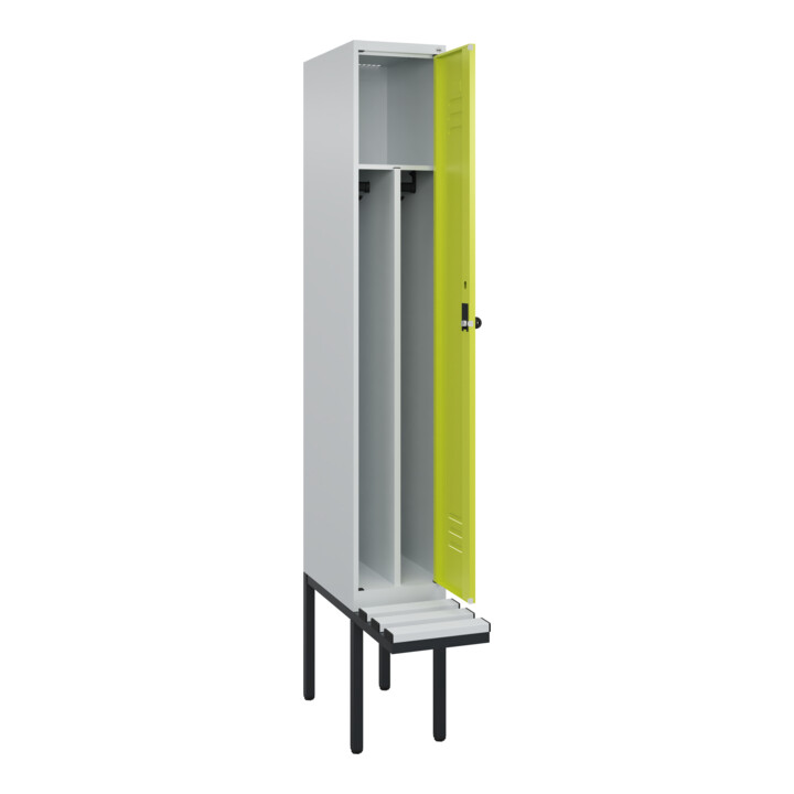 C+P Spind Classic PLUS, Bank, 1 Abteil, 2120x300x815mm, 7035/0024 Verschluss Sicherheits-Drehriegel 4 Garderobenhaken Trennwand mittig Dekor Banklatten RAL 7035 Lichtgrau Sitzbanktyp auskragend