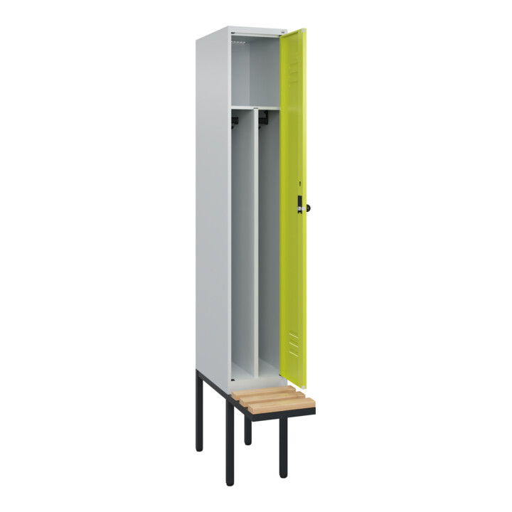 C+P Spind Classic PLUS, Bank, 1 Abteil, 2120x300x815mm, 7035/0024 Verschluss Sicherheits-Drehriegel 4 Garderobenhaken Trennwand mittig  Sitzbanktyp auskragend