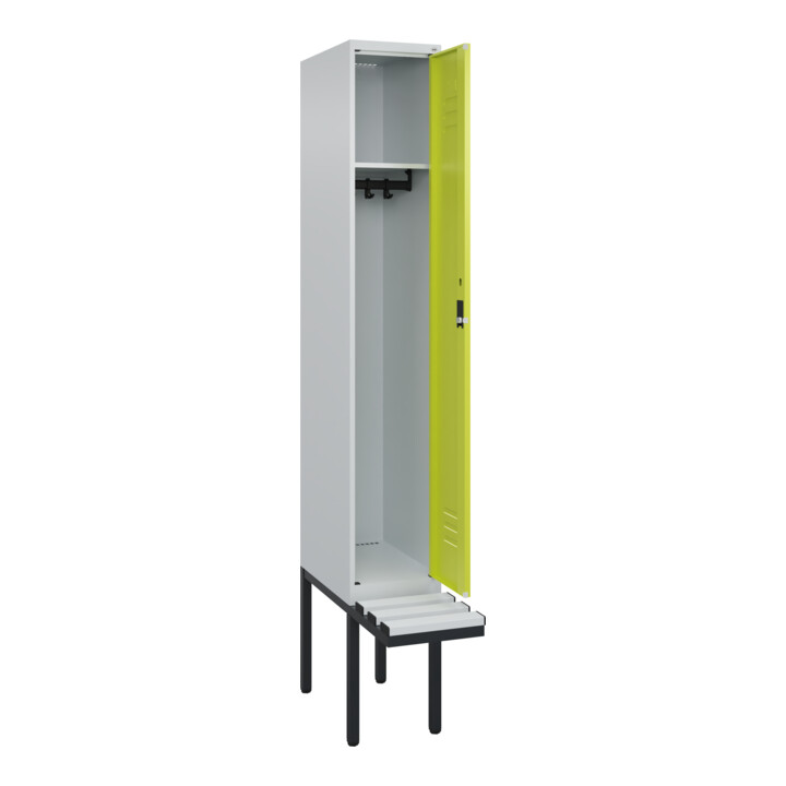 C+P Spind Classic PLUS, Bank, 1 Abteil, 2120x300x815mm, 7035/0024 Verschluss Zylinderschloss 3 Garderobenhaken  Dekor Banklatten RAL 7035 Lichtgrau Sitzbanktyp auskragend