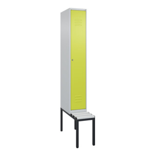 C+P Spind Classic PLUS, Bank, 1 Abteil, 2120x300x815mm, 7035/0024 Verschluss Zylinderschloss 4 Garderobenhaken Trennwand mittig Dekor Banklatten RAL 7035 Lichtgrau Sitzbanktyp untergebaut