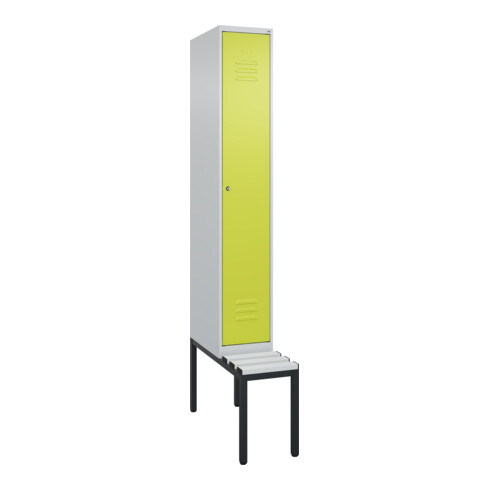 C+P Spind Classic PLUS, Bank, 1 Abteil, 2120x300x815mm, 7035/0024 Verschluss Zylinderschloss 4 Garderobenhaken Trennwand mittig Dekor Banklatten RAL 7035 Lichtgrau Sitzbanktyp untergebaut