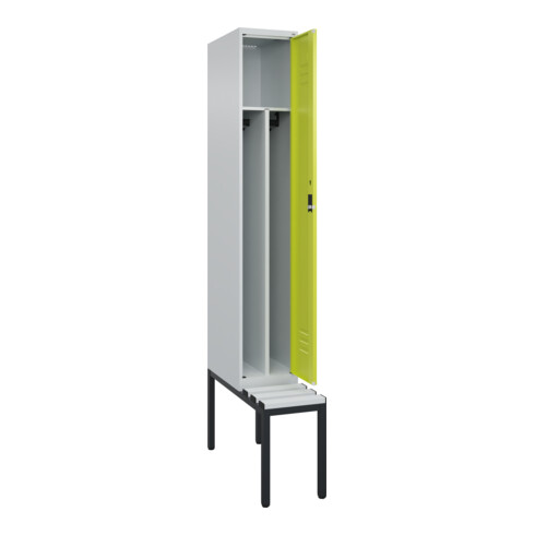 C+P Spind Classic PLUS, Bank, 1 Abteil, 2120x300x815mm, 7035/0024 Verschluss Zylinderschloss 4 Garderobenhaken Trennwand mittig Dekor Banklatten RAL 7035 Lichtgrau Sitzbanktyp untergebaut
