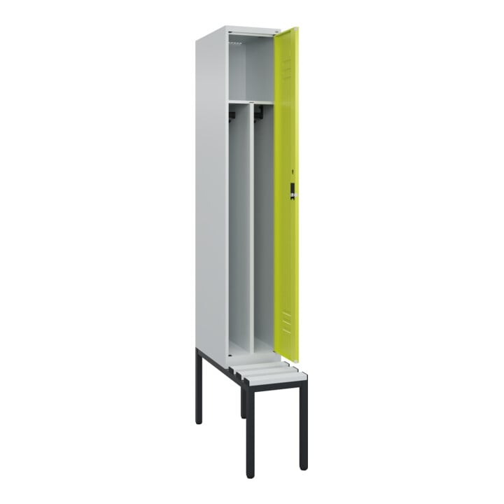 C+P Spind Classic PLUS, Bank, 1 Abteil, 2120x300x815mm, 7035/0024 Verschluss Zylinderschloss 4 Garderobenhaken Trennwand mittig Dekor Banklatten RAL 7035 Lichtgrau Sitzbanktyp untergebaut