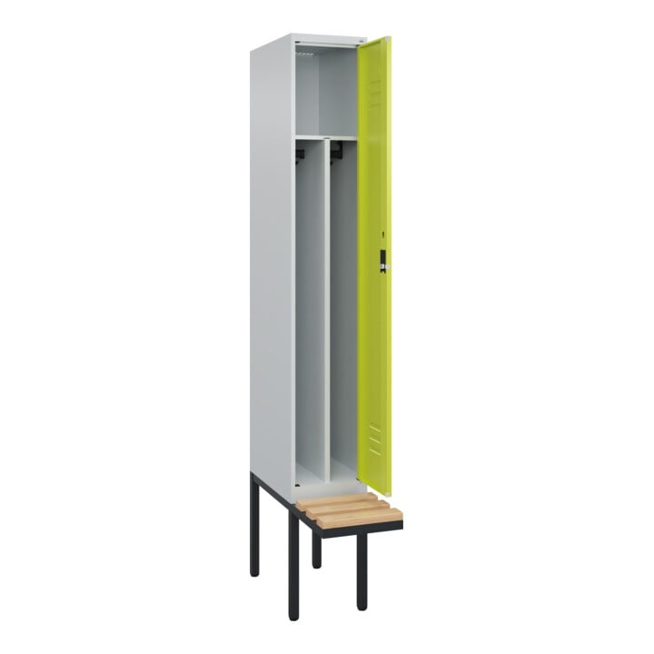 C+P Spind Classic PLUS, Bank, 1 Abteil, 2120x300x815mm, 7035/0024 Verschluss Zylinderschloss 4 Garderobenhaken Trennwand mittig  Sitzbanktyp auskragend