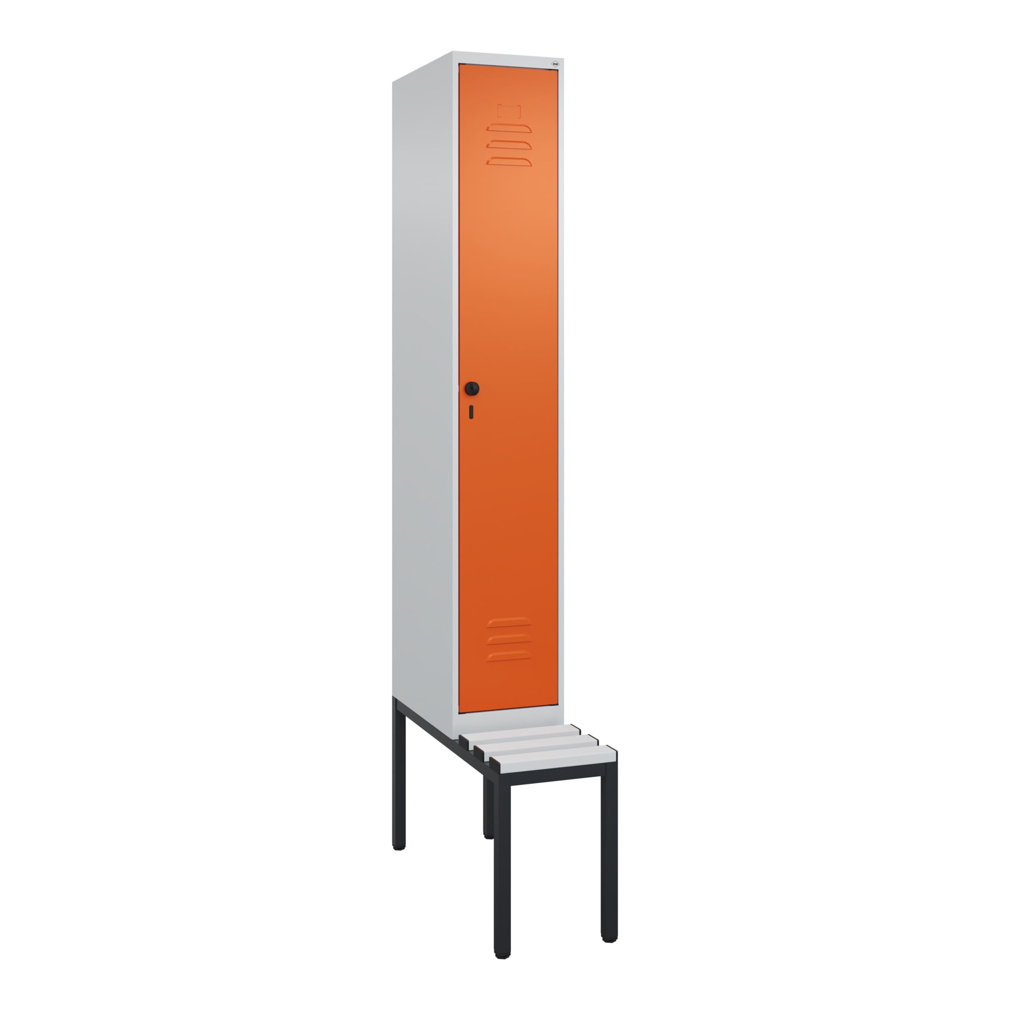 C+P Spind Classic PLUS, Bank, 1 Abteil, 2120x300x815mm, 7035/2004 Verschluss Sicherheits-Drehriegel 3 Garderobenhaken Dekor Banklatten RAL 7035 Licht