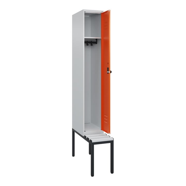 C+P Spind Classic PLUS, Bank, 1 Abteil, 2120x300x815mm, 7035/2004 Verschluss Sicherheits-Drehriegel 3 Garderobenhaken  Dekor Banklatten RAL 7035 Lichtgrau Sitzbanktyp untergebaut