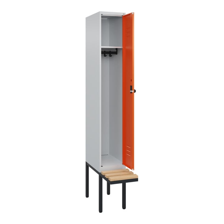 C+P Spind Classic PLUS, Bank, 1 Abteil, 2120x300x815mm, 7035/2004 Verschluss Sicherheits-Drehriegel 3 Garderobenhaken   Sitzbanktyp auskragend