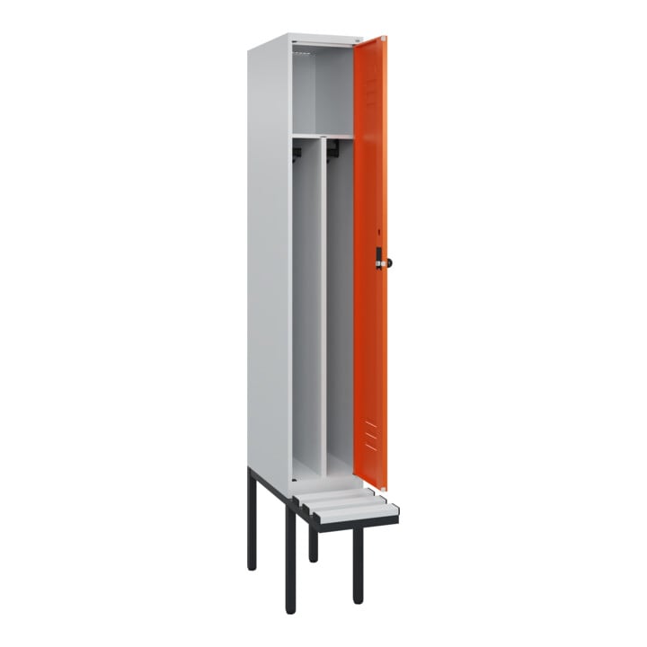 C+P Spind Classic PLUS, Bank, 1 Abteil, 2120x300x815mm, 7035/2004 Verschluss Sicherheits-Drehriegel 4 Garderobenhaken Trennwand mittig Dekor Banklatten RAL 7035 Lichtgrau Sitzbanktyp auskragend